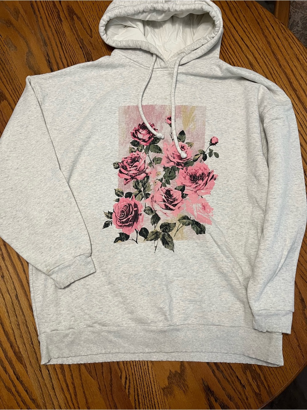 SO Light Gray Oversized Hoodie with Pink Rose Graphic